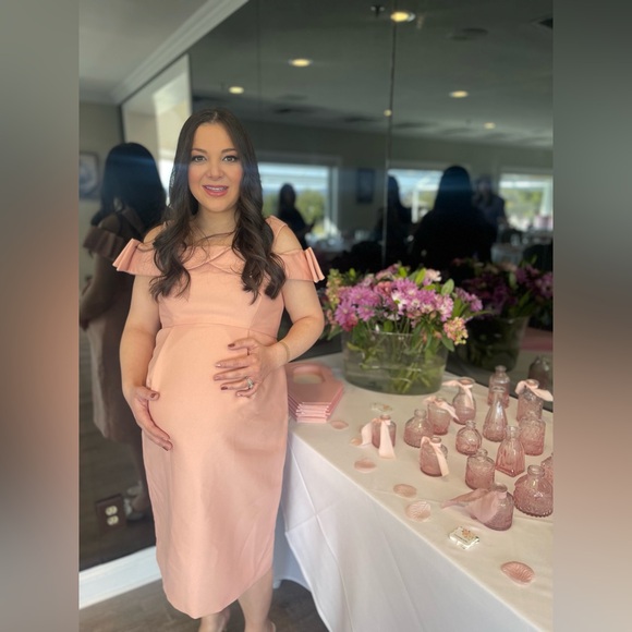 Asos Maternity Blush Pink Off Shoulder Bardot Dress w/ Bow Detail on the Sleeve - Picture 11 of 13